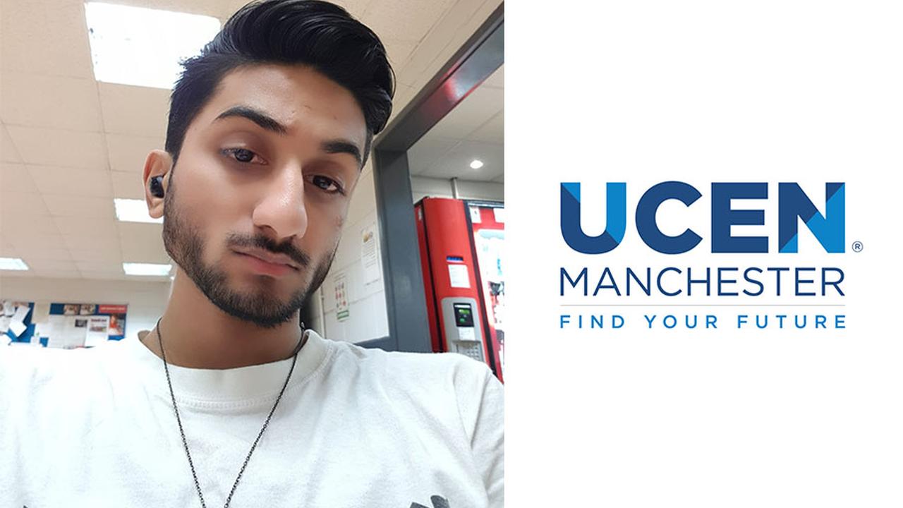 On the left is a selfie taken by Moeez, on the right is the UCEN Manchester logo.