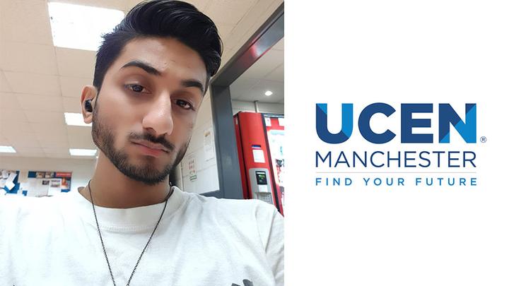 On the left is a selfie taken by Moeez, on the right is the UCEN Manchester logo.
