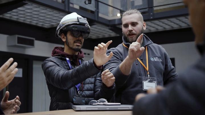 Learner using VR during a construction workshop.