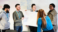 A group discussing items on a whiteboard