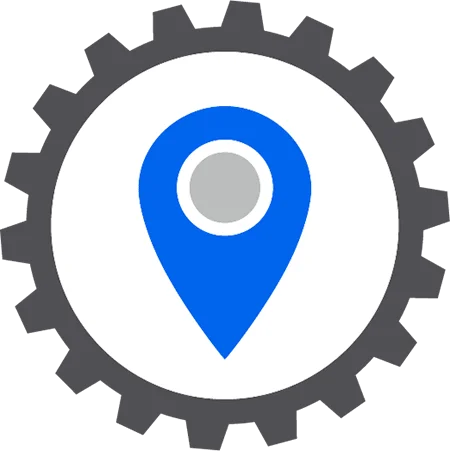 A cog with a blue map pin inside