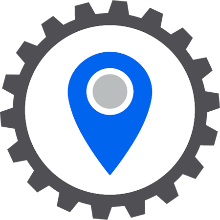 A cog with a blue map pin inside