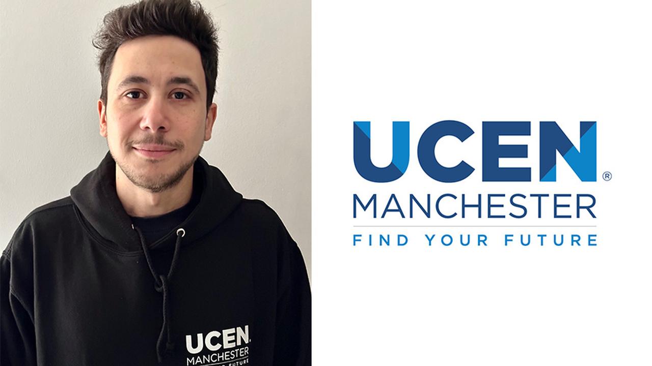 A portrait image of Ahmed in a black UCEN Manchester hoodie on the left; the UCEN Manchester logo on the right.