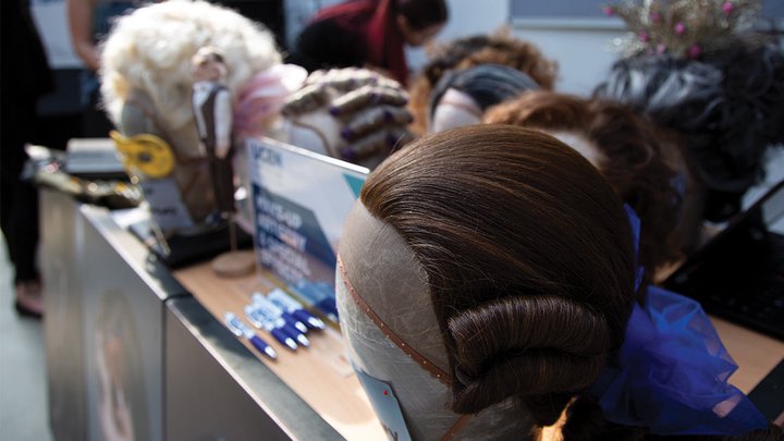Close of styled wigs