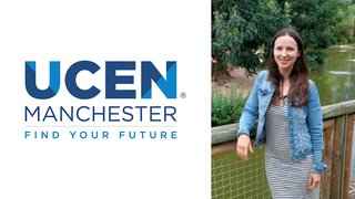 Photograph of Mariia Cambell alongside the UCEN Manchester logo.