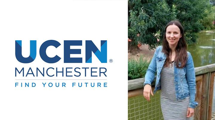 Photograph of Mariia Cambell alongside the UCEN Manchester logo.
