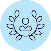 Line icon of a person at the centre of a light blue circle, surrounded by leaf shapes, representing ethical values at UCEN Manchester.