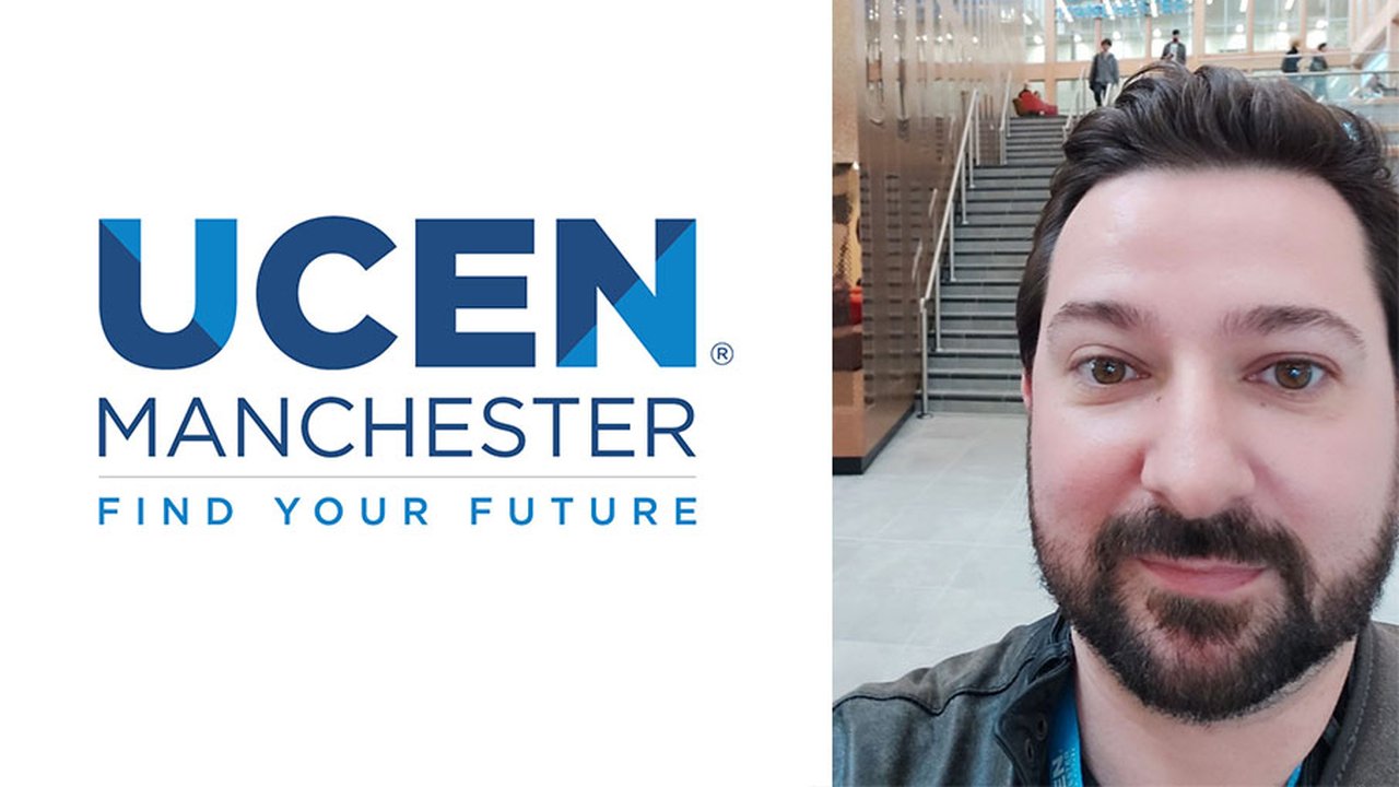 On the left is the UCEN Manchester logo. On the right is a selfie of Peter Connell taken at City Campus Manchester, with the UCEN Manchester sign in the background.