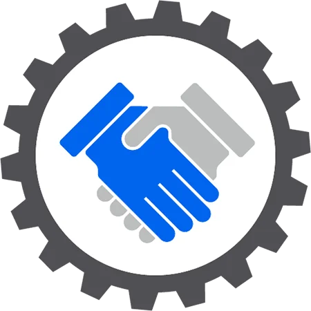 A cog with a blue hand and grey hand performing a handshake