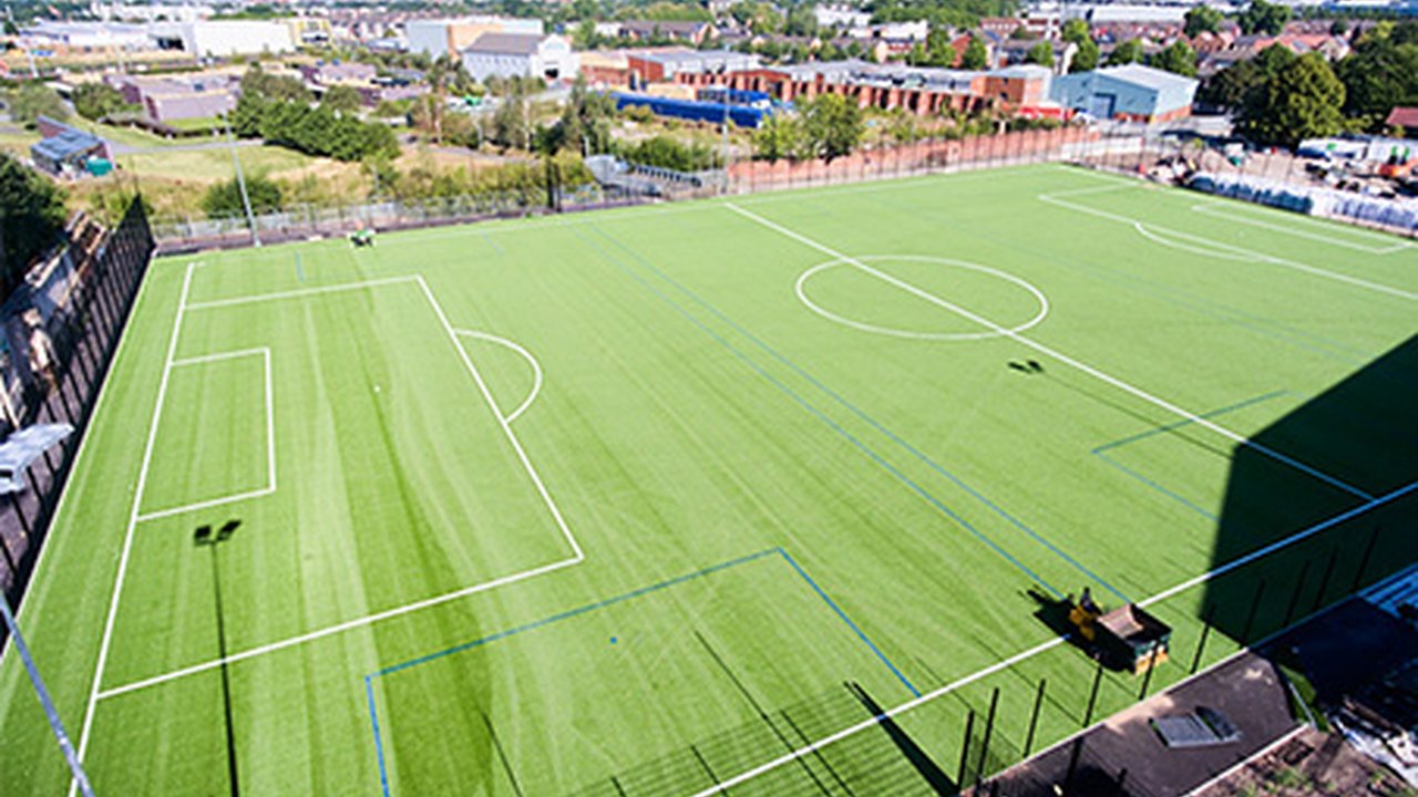 An overhead image of the 3G pitch at Openshaw campus, taken from a drone.