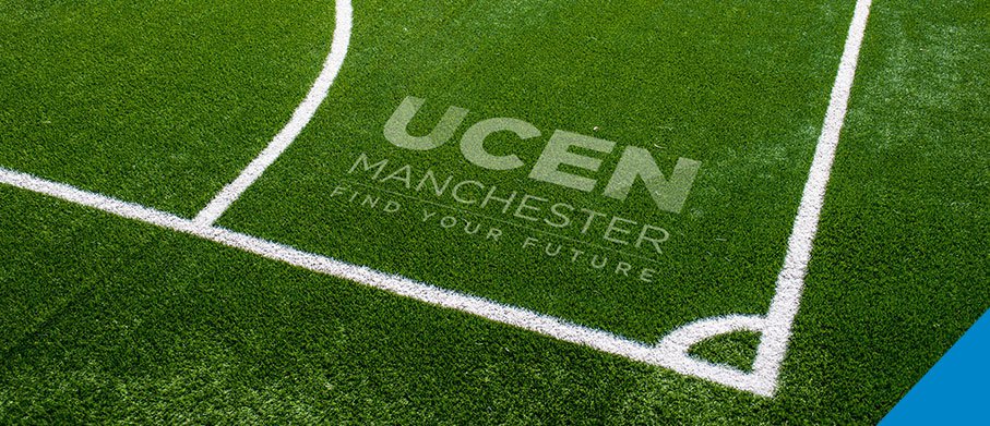 A football pitch that spells out "UCEN Manchester"