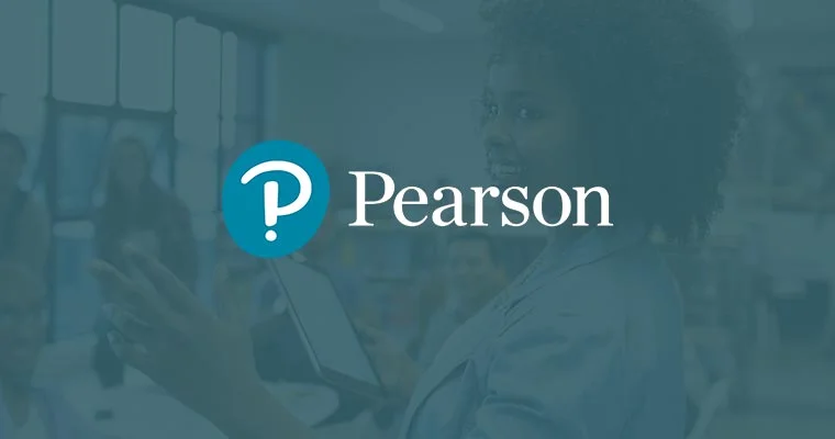 Pearson logo displayed over a faded background image of a person working in a learning environment.