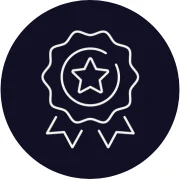 Line icon of a badge with a star at the centre of a violet circle, representing excellence at UCEN Manchester.