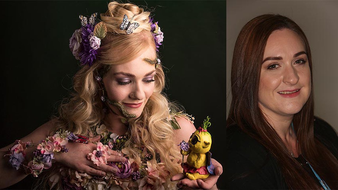 A side by side image of Angie, one image with her in full make up and costume the other wearing normal clothes