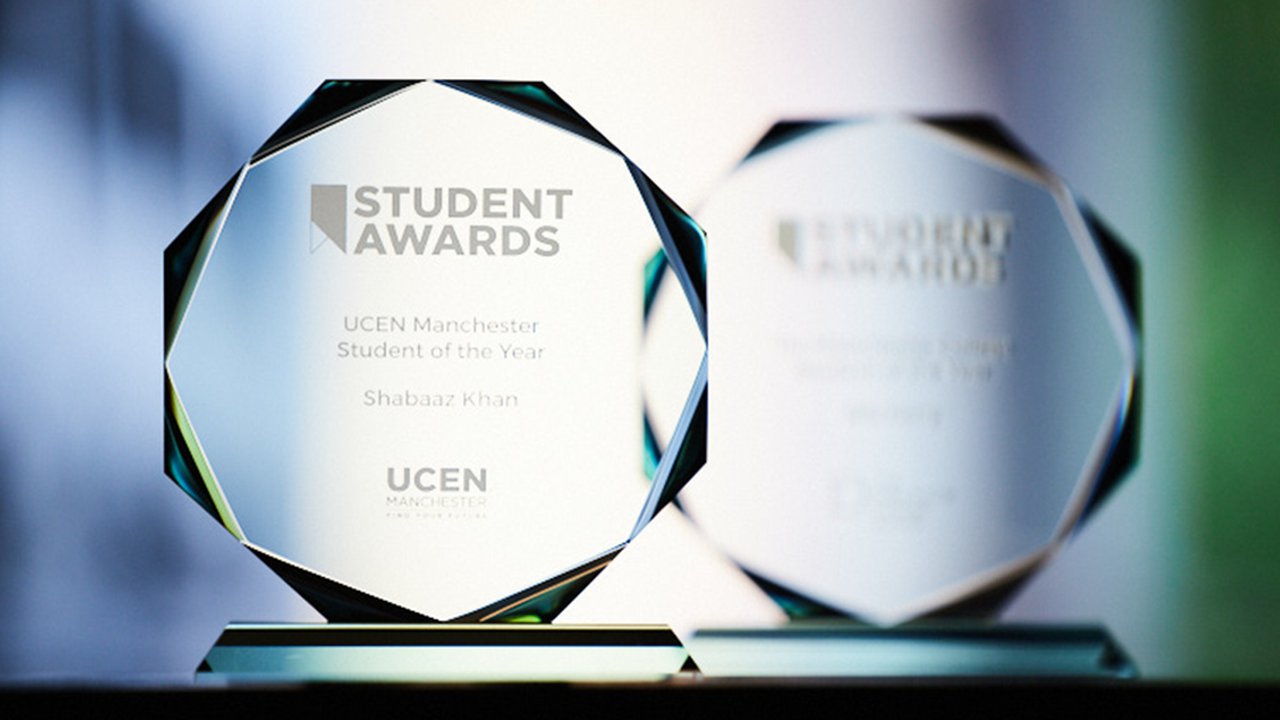 Trophies from UCEN Manchester's Student Awards 2022