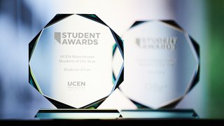 Trophies from UCEN Manchester's Student Awards 2022
