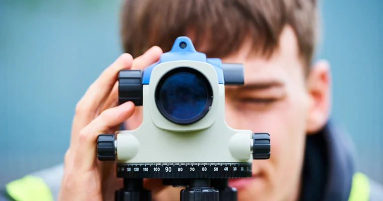 Close-up of a student using survey equipment
