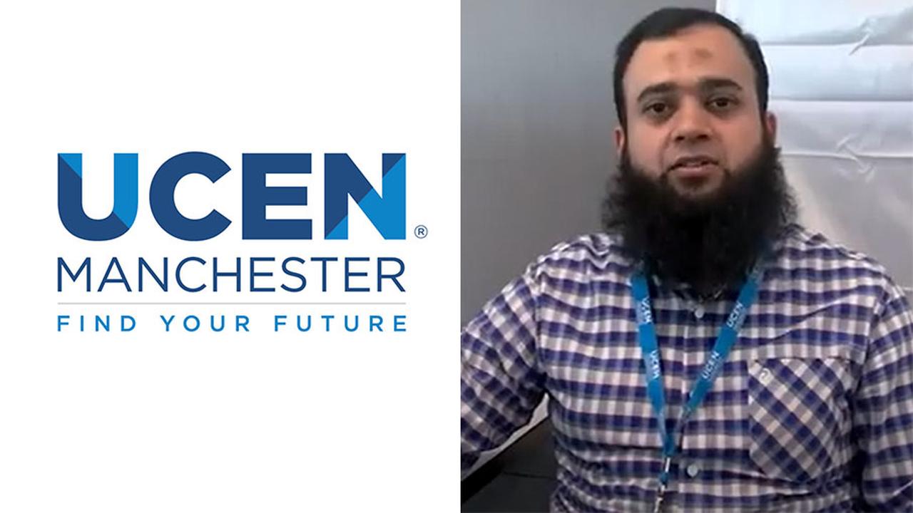 On the left is the UCEN Manchester logo. On the right is an image of Umar looking into the camera, wearing a blue and white checked shirt.