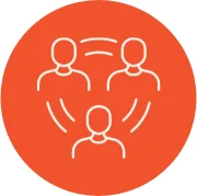 Line icon of three people connected by circular lines at the centre of an orange circle, representing ‘one group’ values at UCEN Manchester.