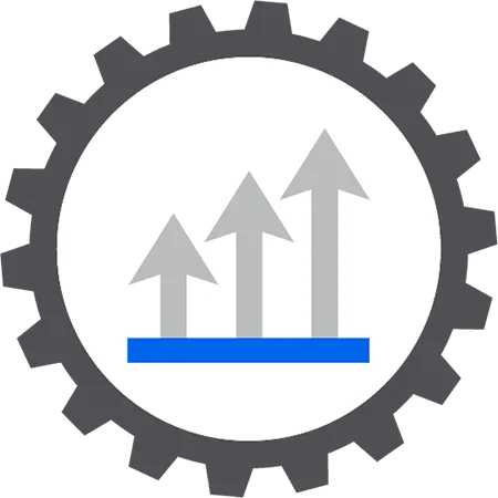 A cog with 3 grey arrows pointing upwards that gradually get taller