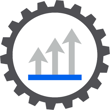 A cog with 3 grey arrows pointing upwards that gradually get taller