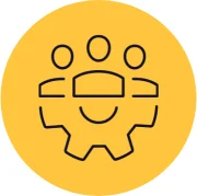 Line icon of three people above a cog at the centre of a yellow circle, representing innovative values at UCEN Manchester.
