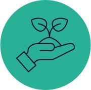 Line icon of a hand holding a small plant at the centre of a green circle, representing sustainable values at UCEN Manchester.