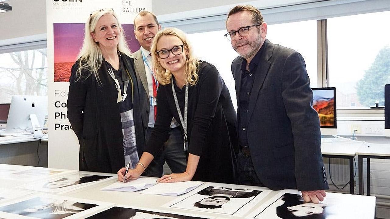 Photo of Sarah Fisher, Executive Director at Open Eye Gallery, Lisa O’Loughlin, Principal, and Michael Walsh, Dean of UCEN Manchester, and David Gaffney, Senior Relationship Manager at Arts Council England