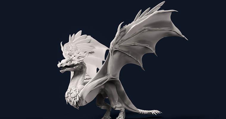 White statue of a dragon with open wing