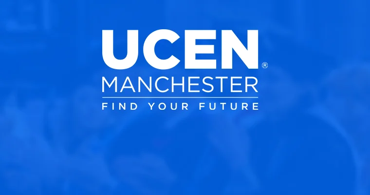 UCEN Manchester logo overlaying a blue background