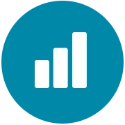 White bar chart icon inside a blue circle.