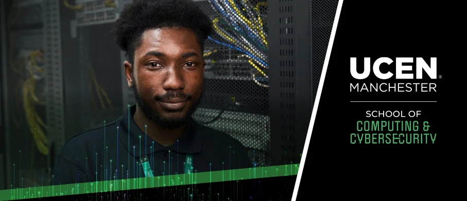 HTQ computing student stood in front of a server