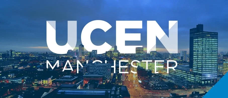 UCEN Manchester logo displayed over a panoramic view of Manchester city centre at dusk.