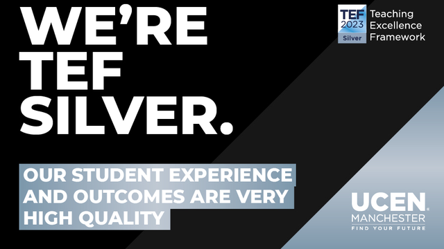 Graphic announcing that UCEN Manchester has achieved ‘Silver’ under Teaching Excellence Framework.