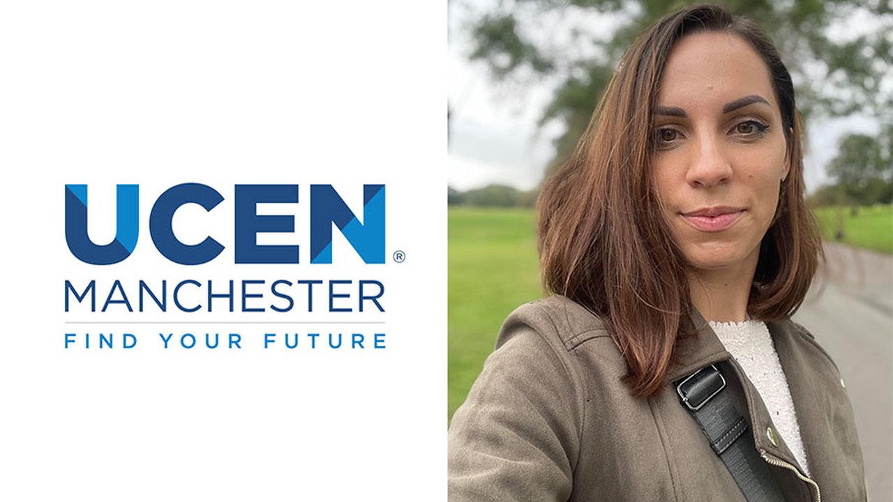 On the left is the UCEN Manchester logo. On the right is a selfie taken by Nata during a walk in a park.