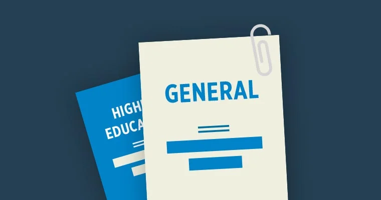 Icon of two stacked documents, one labeled “GENERAL” and the other partially visible with “HIGHER EDUCATION,” clipped together with a paperclip.