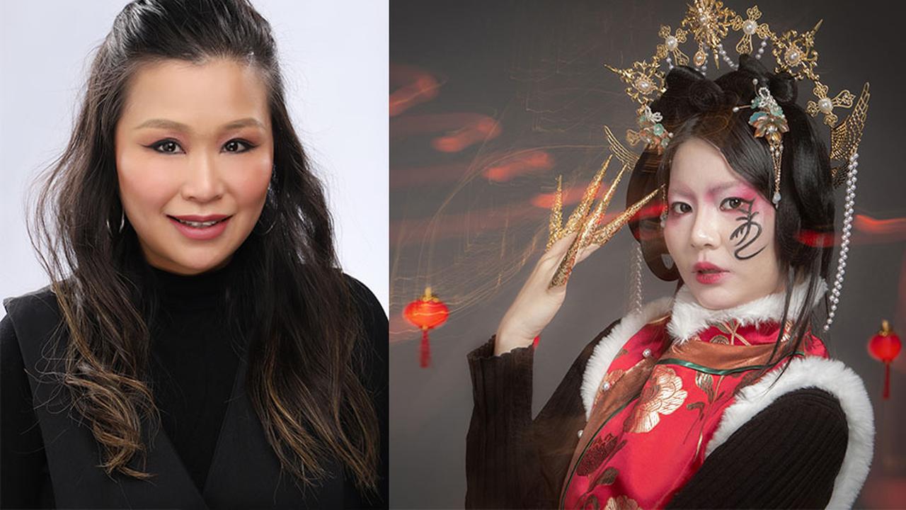 On the left is a headshot of Carman. On the right is a an image of a model in Carman's make-up design, from the photoshoot for Malvie Magazine.