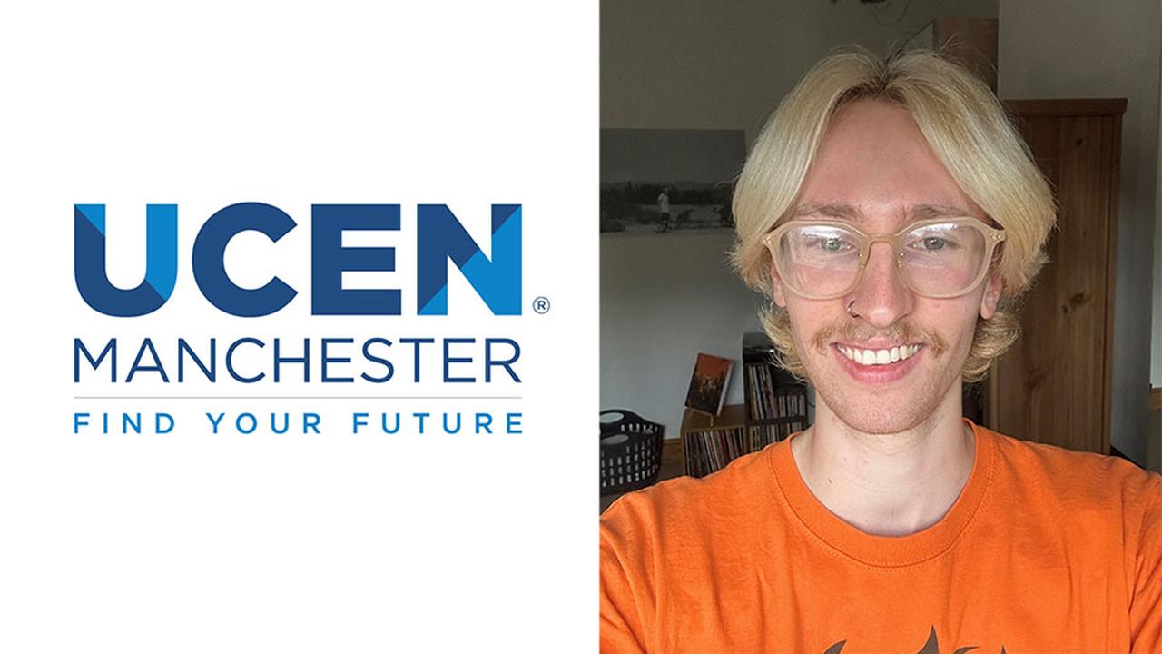 On the left is the UCEN Manchester logo on a white background. On the right is a selfie of Jez Reid.