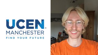 On the left is the UCEN Manchester logo on a white background. On the right is a selfie of Jez Reid.