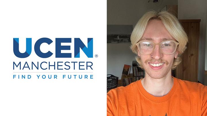 On the left is the UCEN Manchester logo on a white background. On the right is a selfie of Jez Reid.