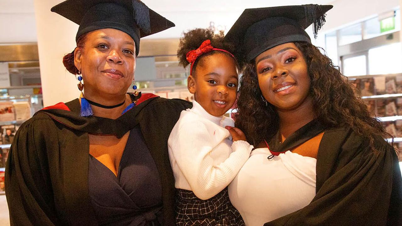 UCEN Manchester alumni Kimoni Bell (right), mum Paula Smith and daughter Princess-Amour Kyezu.