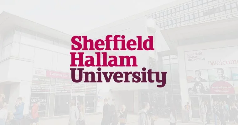 Sheffield Hallam University logo displayed over a faded background image of a university building entrance.